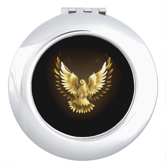Faux Gold Foil Peace Dove on Black Compact Mirror (Front)