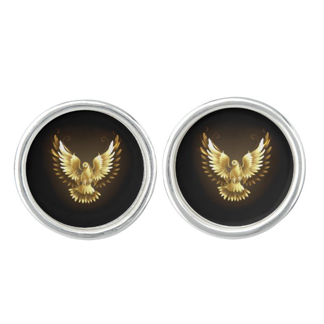 Faux Gold Foil Peace Dove on Black Cufflinks (Front)