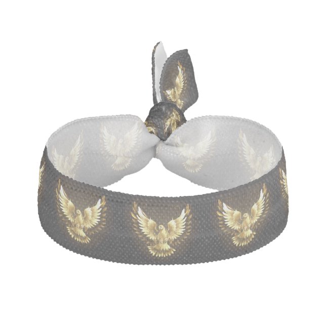 Faux Gold Foil Peace Dove on Black Elastic Hair Tie (Front)