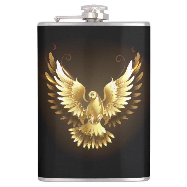 Faux Gold Foil Peace Dove on Black Flask (Front)