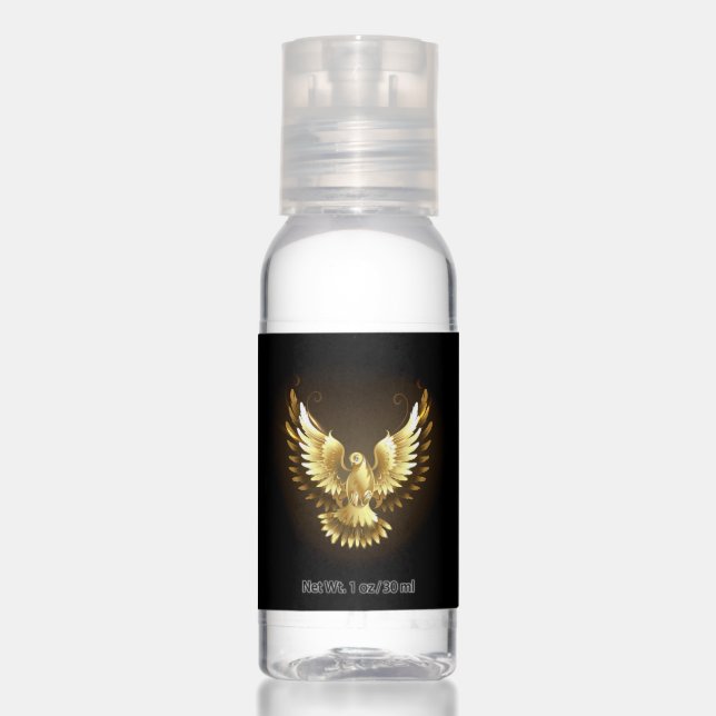 Faux Gold Foil Peace Dove on Black Hand Sanitizer (Front)