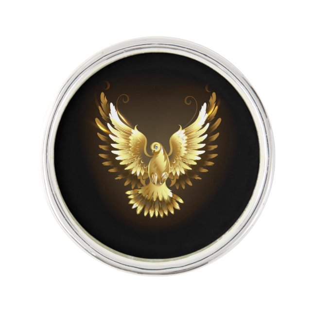 Faux Gold Foil Peace Dove on Black Lapel Pin (Front)