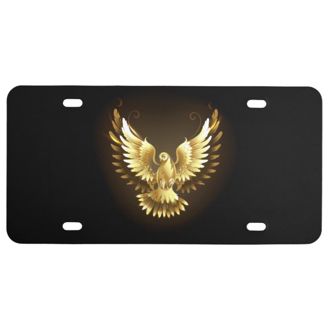 Faux Gold Foil Peace Dove on Black License Plate (Front)