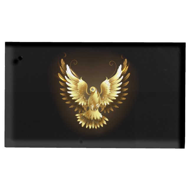 Faux Gold Foil Peace Dove on Black Place Card Holder (Front)