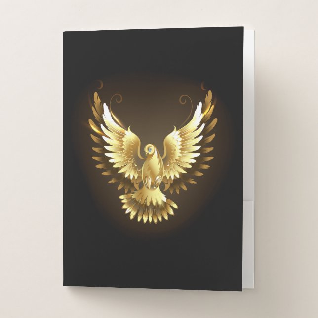 Faux Gold Foil Peace Dove on Black Pocket Folder (Front)