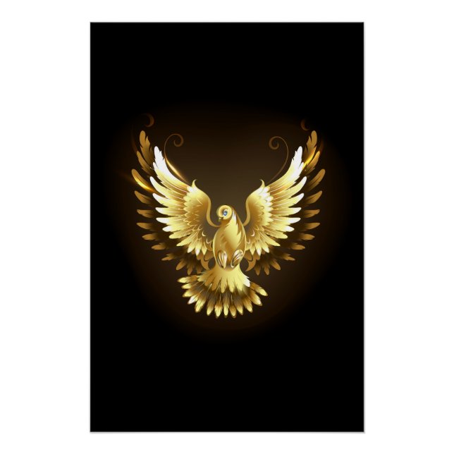 Faux Gold Foil Peace Dove on Black Poster (Front)