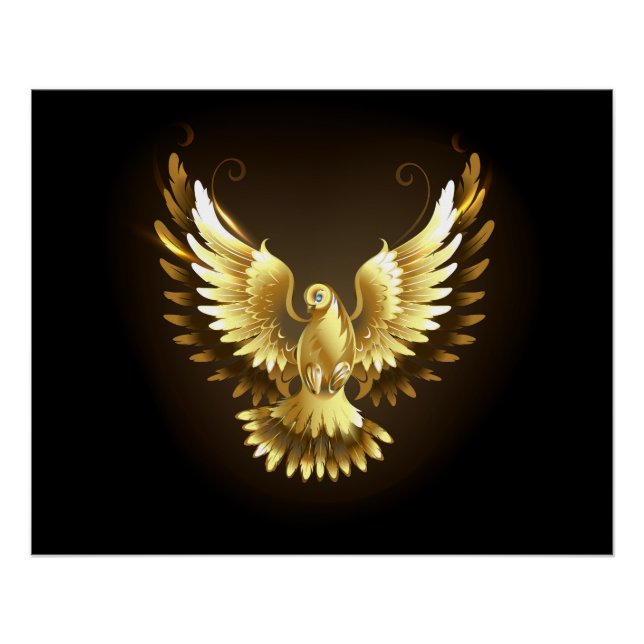 Faux Gold Foil Peace Dove on Black Poster (Front)