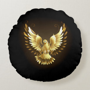 Faux Gold Foil Peace Dove on Black Round Pillow