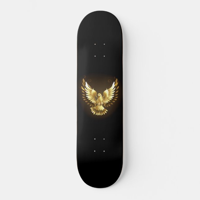 Faux Gold Foil Peace Dove on Black Skateboard (Front)