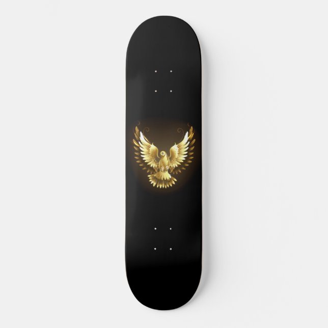 Faux Gold Foil Peace Dove on Black Skateboard (Front)