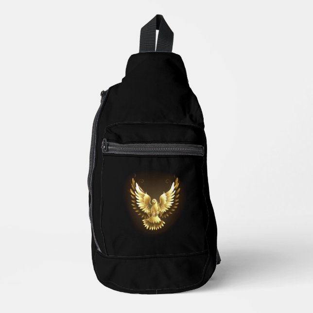 Faux Gold Foil Peace Dove on Black Sling Bag (Front)