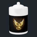 Faux Gold Foil Peace Dove on Black Teapot<br><div class="desc">Gold flying dove on a black background.</div>