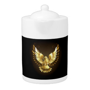 Faux Gold Foil Peace Dove on Black Teapot