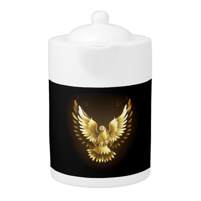 Faux Gold Foil Peace Dove on Black Teapot (Front)