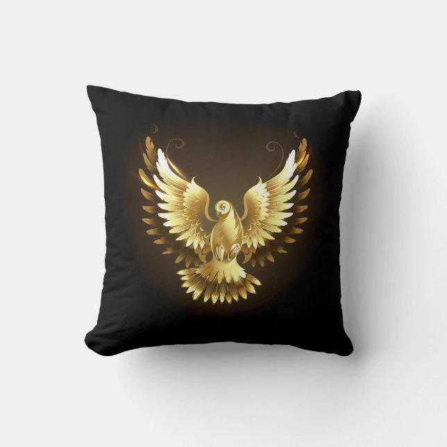 Faux Gold Foil Peace Dove on Black Throw Pillow (Front)