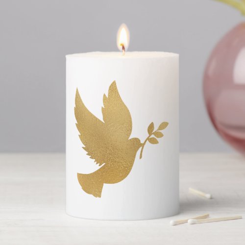 Faux Gold Foil Peace Dove with Olive Branch Pillar Candle