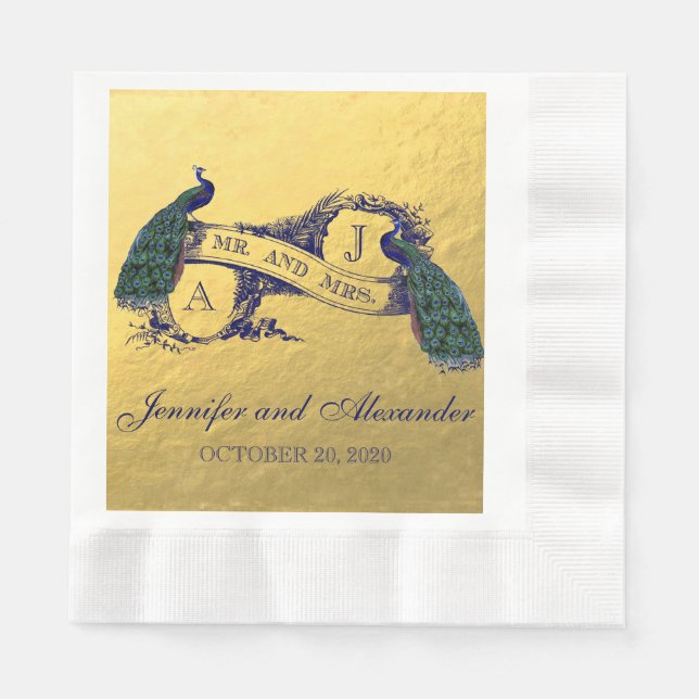 Faux Gold Foil Peacock Wedding Paper Napkins (Front)