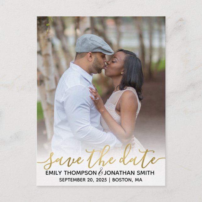 Faux Gold Foil Photo Save The Date Postcard (Front)