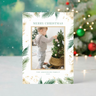 Faux Gold Foil Pine Needles Merry Christmas Letterpress Photo Cards