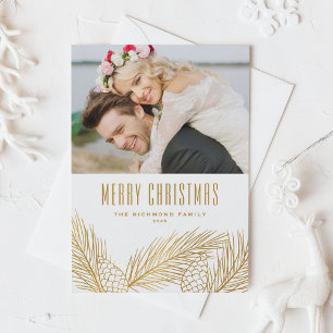 Faux Gold Foil Pine Needles Merry Christmas Photo Holiday Postcard