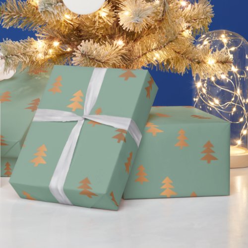 Faux Gold Foil Pine Trees Pattern Christmas Sage Wrapping Paper