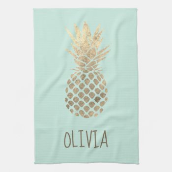 Faux Gold Foil Pineapple Design On Mint Kitchen Towel by amoredesign at Zazzle