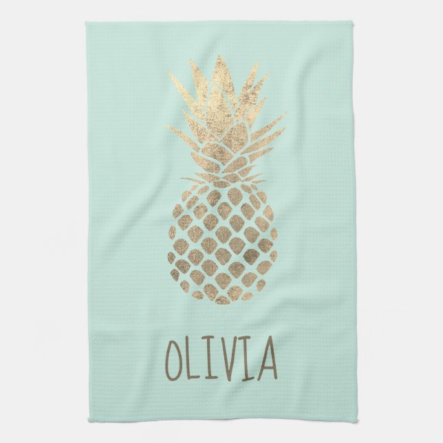 faux gold foil pineapple design on mint kitchen towel (Vertical)