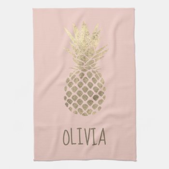 Faux Gold Foil Pineapple Design On Pink Kitchen Towel by amoredesign at Zazzle