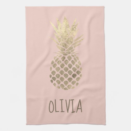 faux gold foil pineapple design on pink kitchen towel