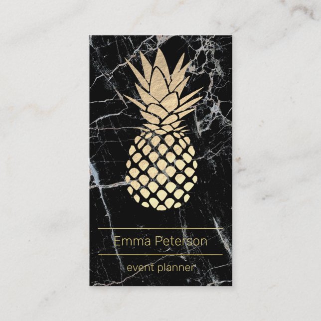 faux gold foil pineapple on black marble business card (Front)