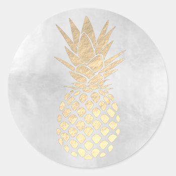 Faux Gold Foil Pineapple On Silver Classic Round Sticker by paesaggi at Zazzle