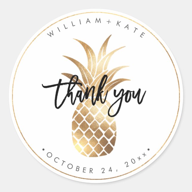 Faux Gold Foil Pineapple Thank You Classic Round Sticker (Front)