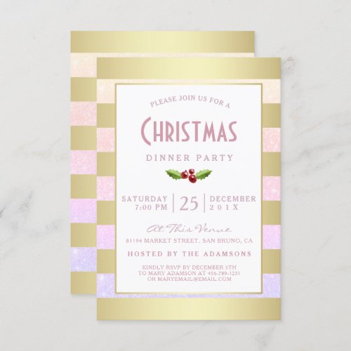 Faux Gold Foil & Pink Girly Glitter Christmas Invitation - Make an impression this Christmas with these fun, feel-good, gold and colorful glitter striped party invitations by Eugene Designs.