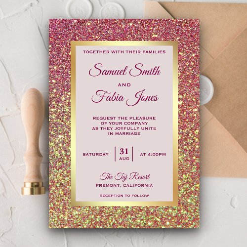 Faux Gold Foil Pink Glitter Wedding Invitation