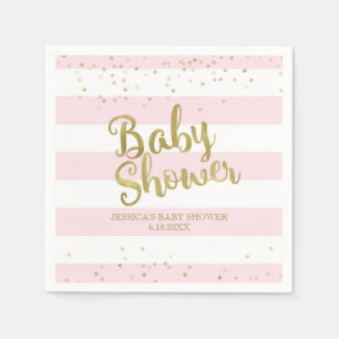 Faux Gold Foil, Pink Stripes Baby Shower Girl Napkins