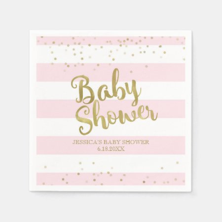 Faux Gold Foil, Pink Stripes Baby Shower Girl Napkins