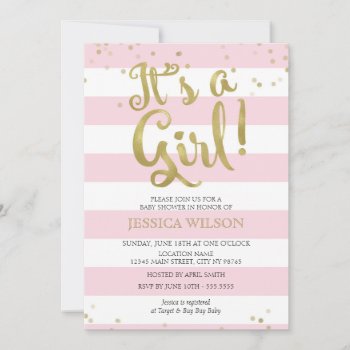Faux Gold Foil Pink Stripes Baby Shower Its A Girl Invitation by weddingsnwhimsy at Zazzle