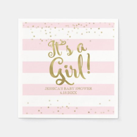 Faux Gold Foil Pink Stripes Baby Shower Its A Girl Napkins