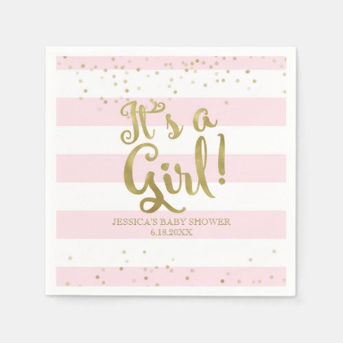 Faux Gold Foil Pink Stripes Baby Shower Its a Girl Napkins