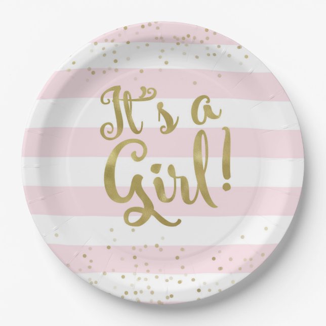 Faux Gold Foil Pink Stripes Baby Shower Its a Girl Paper Plates (Front)