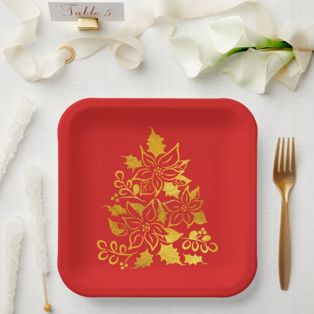 Faux Gold Foil Poinsettias Christmas Trees  Paper Plates (Wedding)