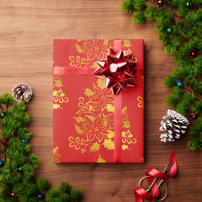 Faux Gold Foil Poinsettias Christmas Trees  Wrapping Paper (Holiday Gift)