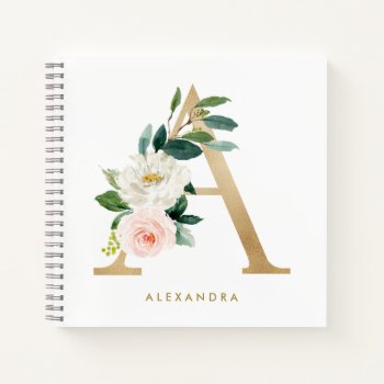 Faux Gold Foil Pretty Floral Letter A Monogram Notebook by KeikoPrints at Zazzle