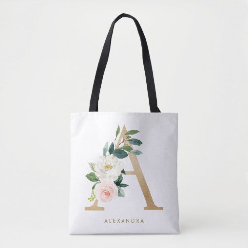 Faux Gold Foil Pretty Floral Letter A Monogram Tote Bag