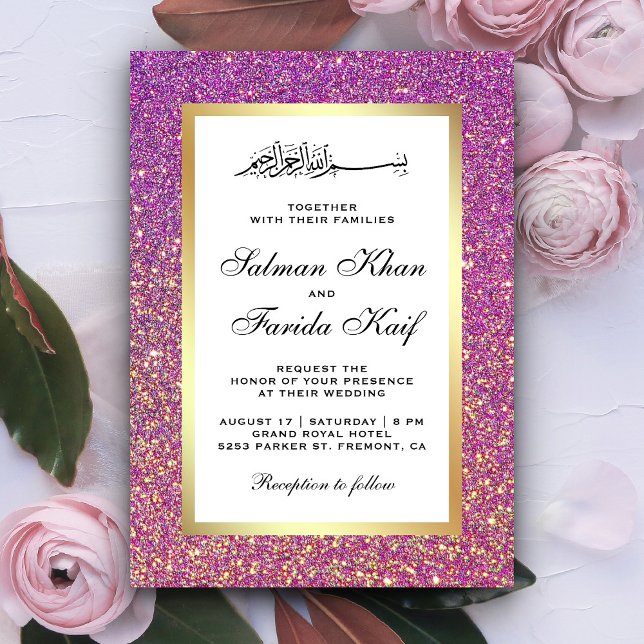 Faux Gold Foil Purple Glitter Islamic Wedding Invitation (Creator Uploaded)