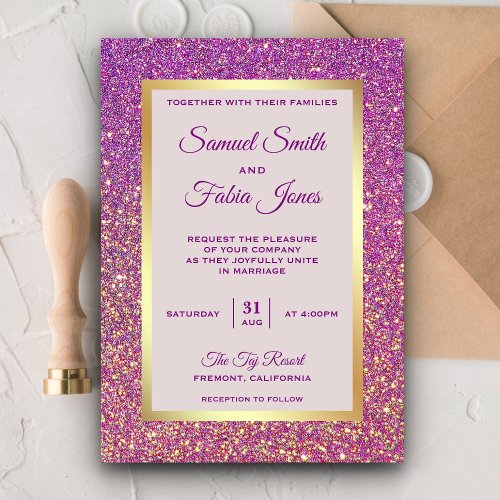 Faux Gold Foil Purple Glitter Wedding Invitation