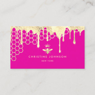 faux gold foil queen bee on neon pink business card