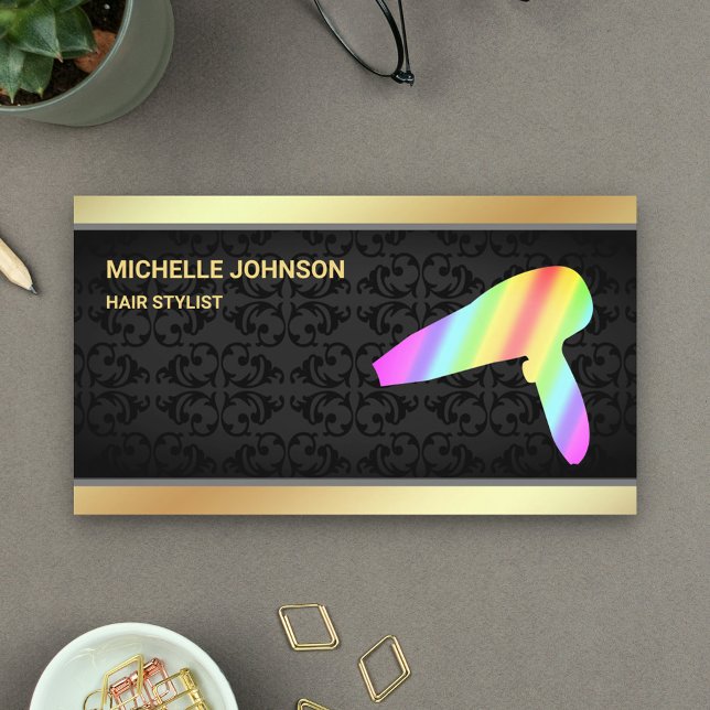 Faux Gold Foil Rainbow Hair Dryer Hair Stylist Business Card (Creator Uploaded)