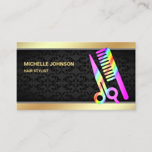 Faux Gold Foil Rainbow Scissors Comb Hair Stylist Business Card