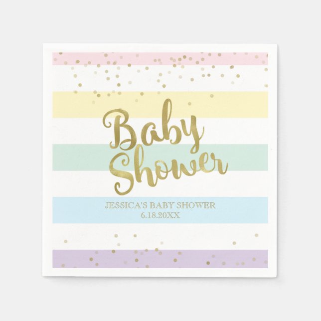 Faux Gold Foil Rainbow Stripes Baby Shower Paper Napkins (Front)